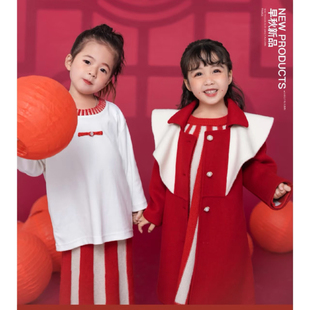 吾名堂品牌折扣女童秋装新款羊毛针织长袖连衣裙个性条纹秋冬裙子