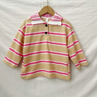 吾名堂品牌折扣女童春装新款休闲百搭条纹T恤个性拼接长袖上衣