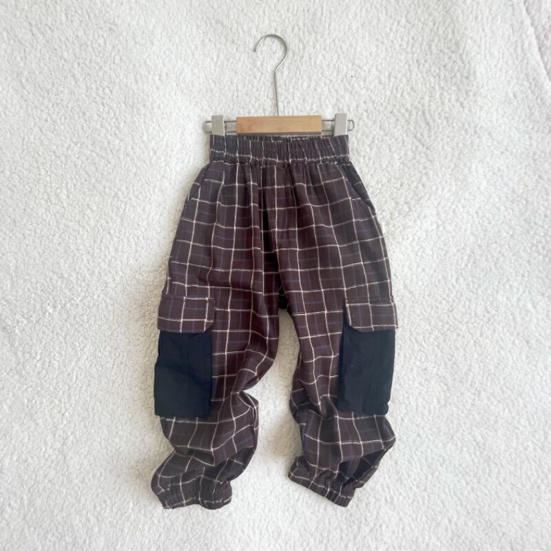禾雀原创品牌折扣秋装韩版格纹工装裤儿童裤子男童帅气女童休闲裤