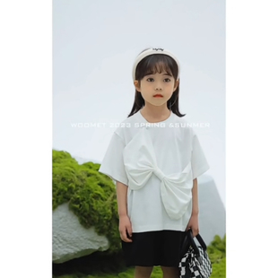吾名堂品牌折扣女童夏装新款时尚宽松百搭半袖纯色大蝴蝶结圆领T