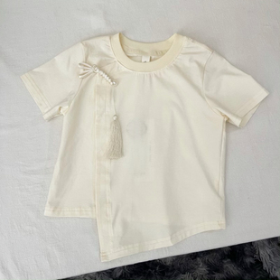 吾名堂品牌折扣女童夏装新款休闲百搭纯色短袖T恤新中式盘扣上衣