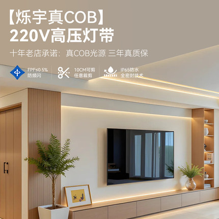 烁宇自粘COB家用220V客厅led灯带灯条户外防水线性灯吊顶软灯条