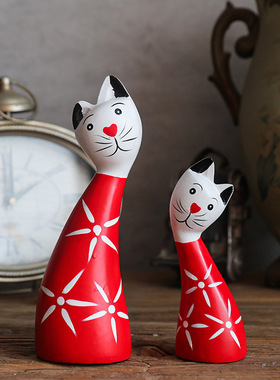 北欧木质红色对猫摆件动物家居客厅橱柜装饰品创意儿童房摆设礼品