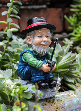 跨境新品带帽钓鱼老爷爷树脂工艺品假山流水盆景庭院家居饰品摆件