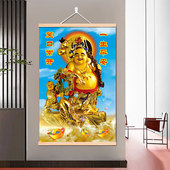 新中式 禅意书法佛道油画布书房免打孔卷轴挂画观音菩萨挂像装 饰画