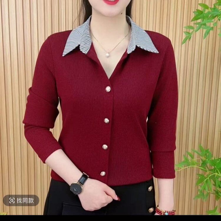 春秋妈妈长袖打底衫女士翻领百搭长袖上衣中老年人衬衫领打底上衣