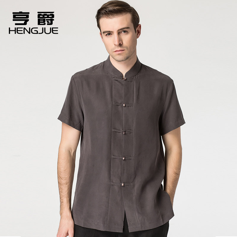 mulberry silk Tang costume Short sleeved Chinese style Stand collar frog Chinese style shirt middle age men's wear Middle and old age Hanfu summerin the Men's clothing, National costume  category - from Buy2taobao.com to provide professional Taobao agent buy service
