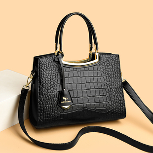 正品袋鼠高级感鳄鱼纹真皮女士手提包黑色通勤斜挎气质中年妈妈包