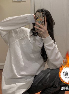 纯棉白色打底衫女秋冬加绒宽松百搭韩版叠穿内搭纯色长袖t恤上衣