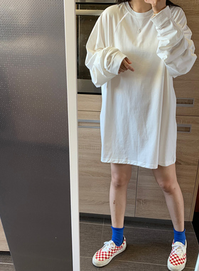 大码中长款加绒德绒秋冬款白色t恤女内搭宽松棉质长袖打底衫上衣