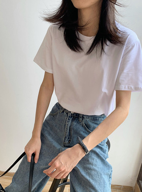 纯棉t恤女短袖正肩宽松圆领简约体恤白色打底衫纯色半袖夏季上衣