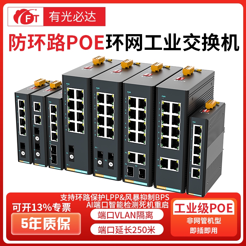 FT光必达 工业级POE交换机 AI智能环网交换机POE供电交换机监控专用导轨式网络交换器防雷高低温导轨式