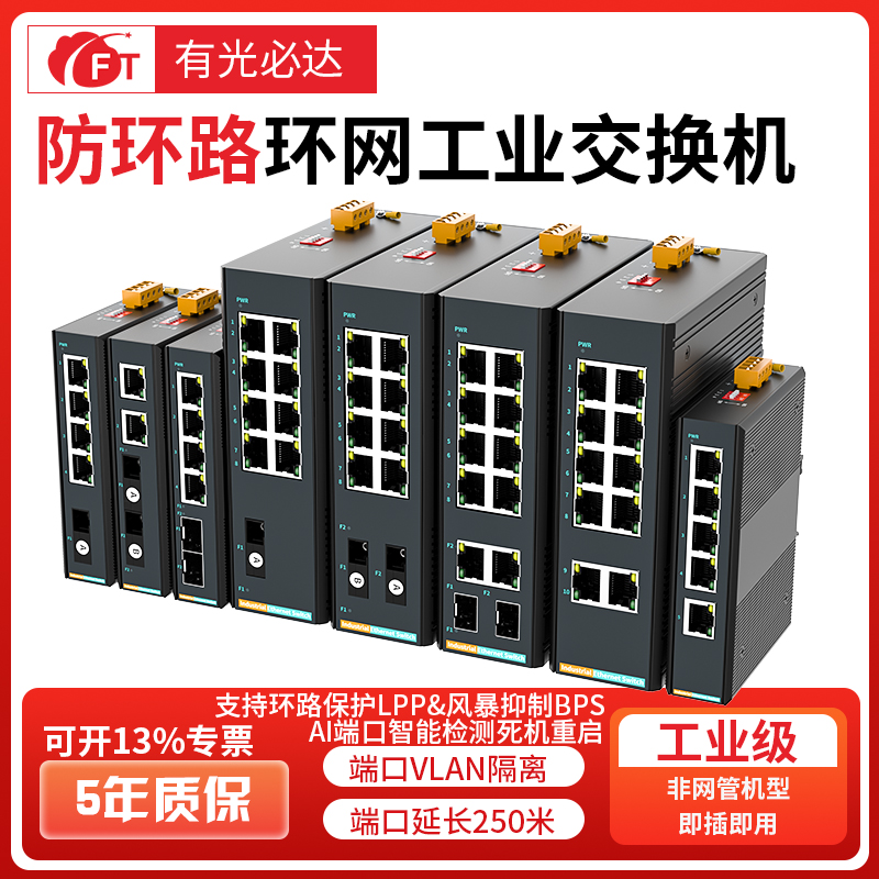 FT光必达 工业级交换机 防环路环网交换机导轨式网络交换器防雷高低温导轨式