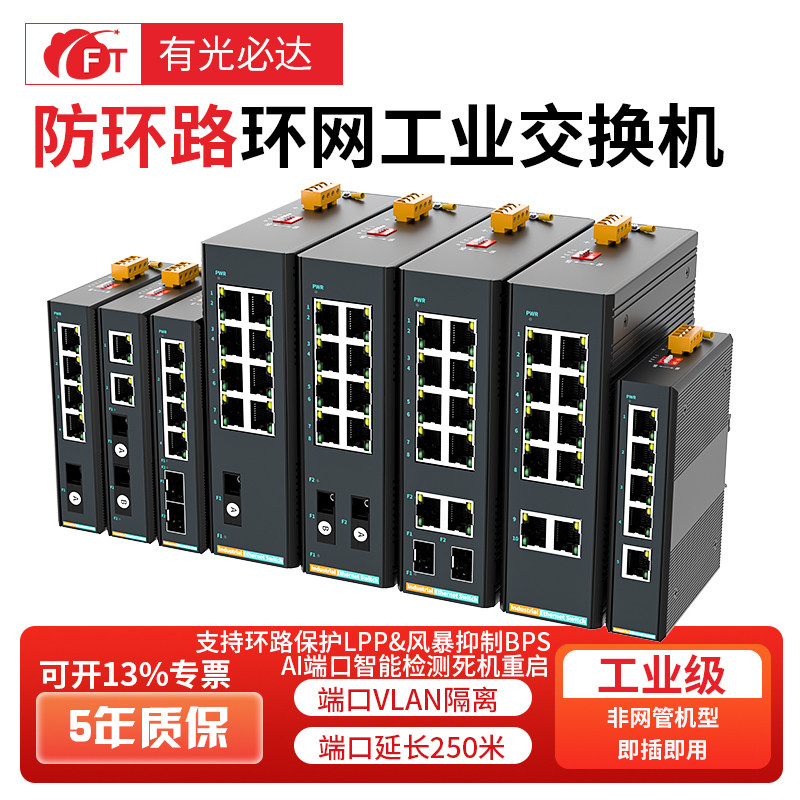 FT光必达 工业级交换机 防环路环网交换机导轨式网络交换器防雷高低温导轨式