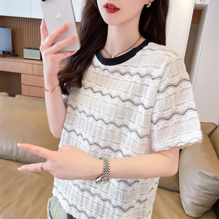 独特漂亮高端条纹小衫新爆薄短款上衣小个子初高中学生短袖t恤女