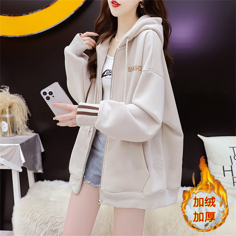 纯棉韩系慵懒风拉链卫衣开衫女士秋冬新爆款初高中学生加绒厚外套