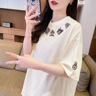 纯棉卡通刺绣体恤今年流行的短袖t恤女夏季新爆款初高中学生上衣