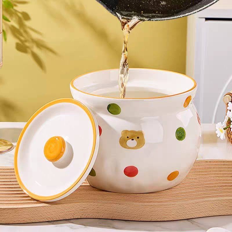 卡通可爱陶瓷釉下彩家用猪油罐无孔带盖勺盐罐耐高温猪油罐封闭式