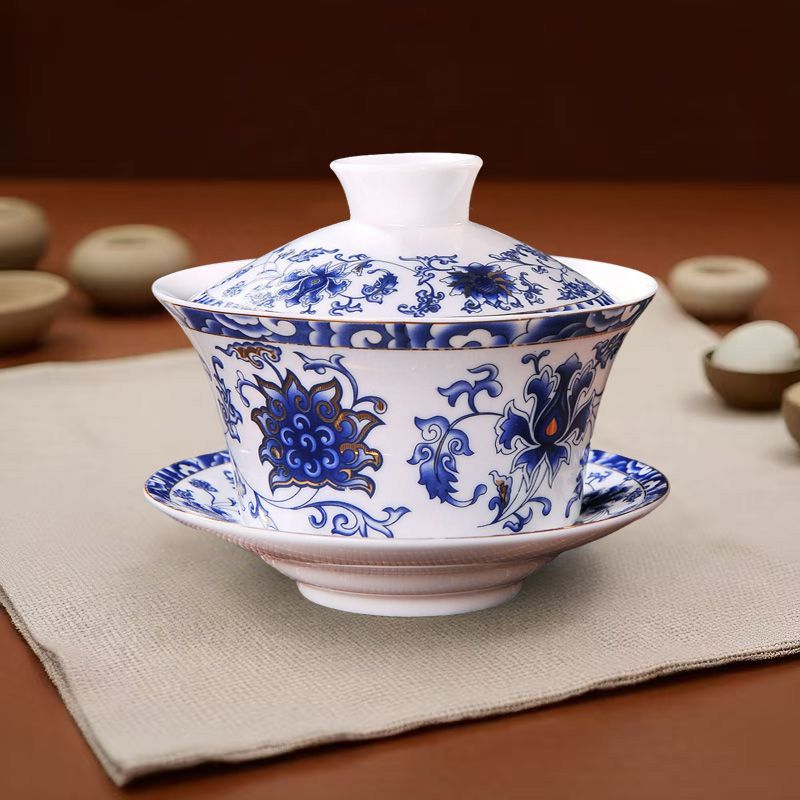 【清仓】青花缠枝莲三才盖碗家用陶瓷泡茶碗防烫泡茶功夫茶具全套