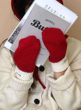 韩国秋冬百搭防寒连指手套保暖圣诞红色毛线可爱针织手套U401PK