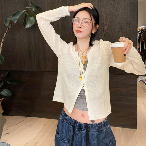 LUNA“夏日小仙女”两色针织廓形亚麻和纸双拉链开衫