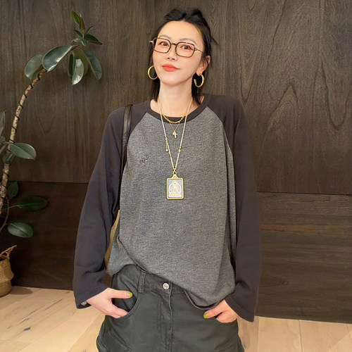 LUNA“十字克罗”桑蚕丝插肩拼色针织平纹梵文毛衣