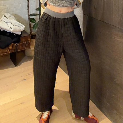 LUNA“日系45r”日系橡筋腰肌理感格纹直筒九分棉裤