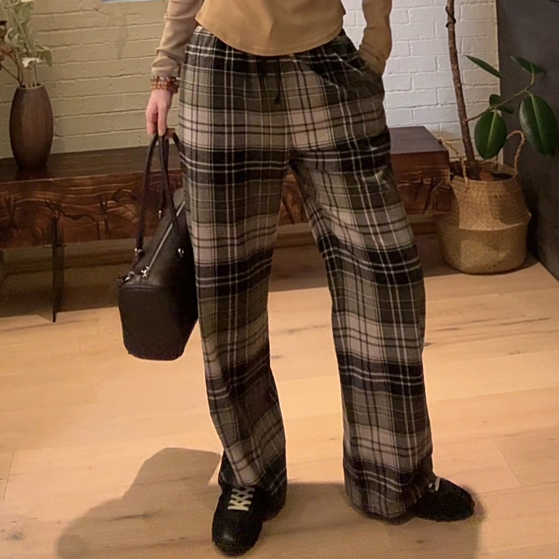 LUNA“苏格兰”ym同款 绿色格子百搭阔腿休闲裤