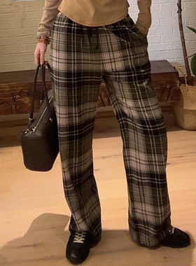 LUNA“苏格兰”ym同款 绿色格子百搭阔腿休闲裤