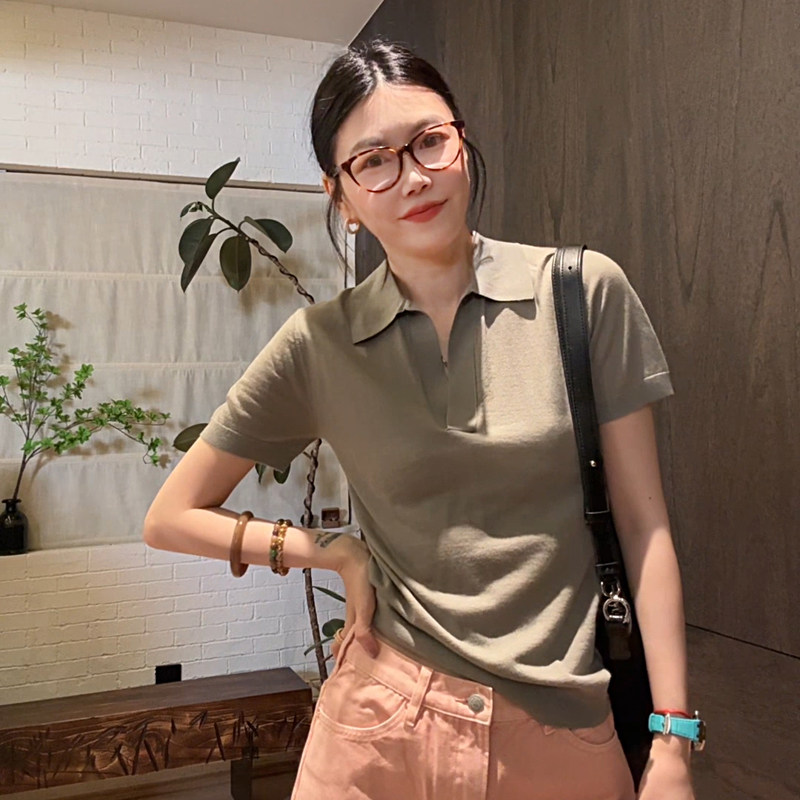 LUNA“闲庭信步”超薄针织灰绿色100羊毛polo短袖T恤