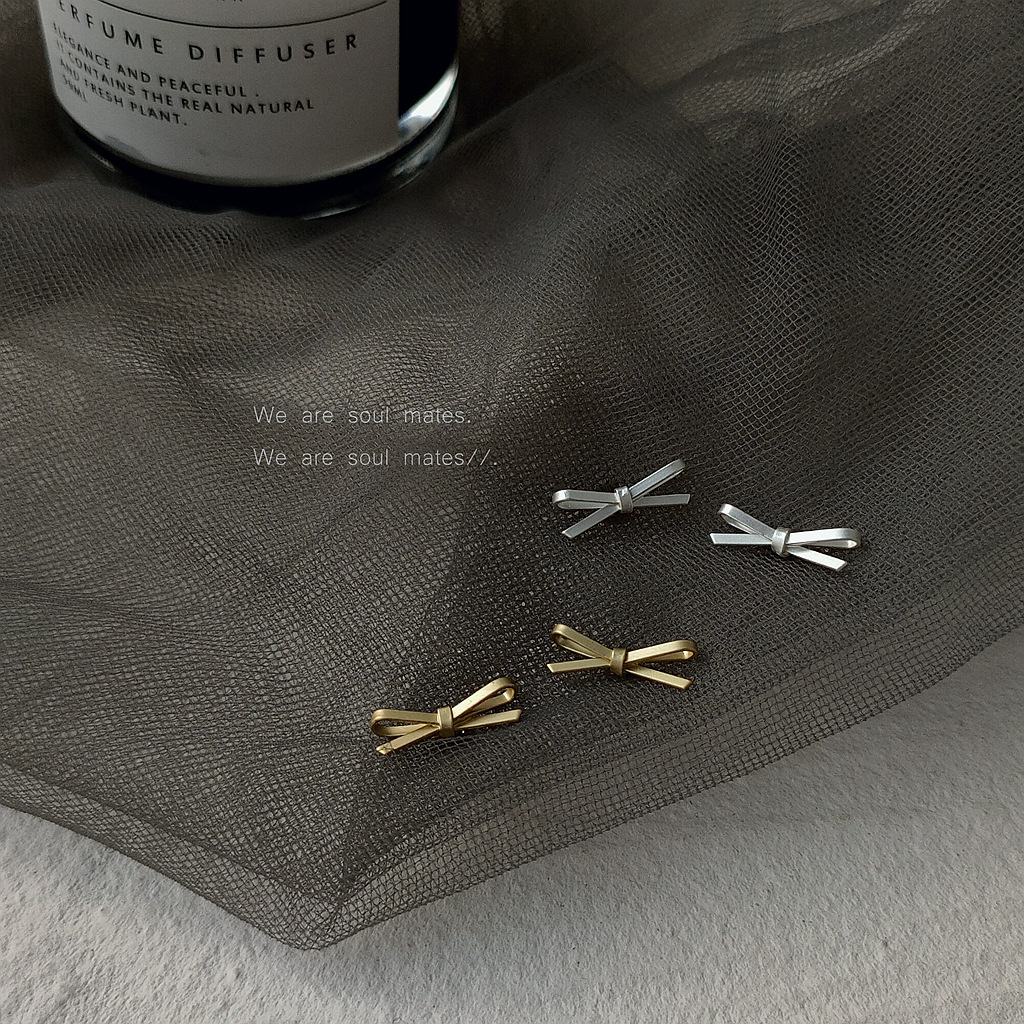 925银针韩版韩国小巧蝴蝶结镀雾金色银色哑光迷你耳钉女简约