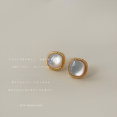 极简真贝壳方形贝母几何925银针电镀14K方糖耳钉气质时尚 小巧耳饰