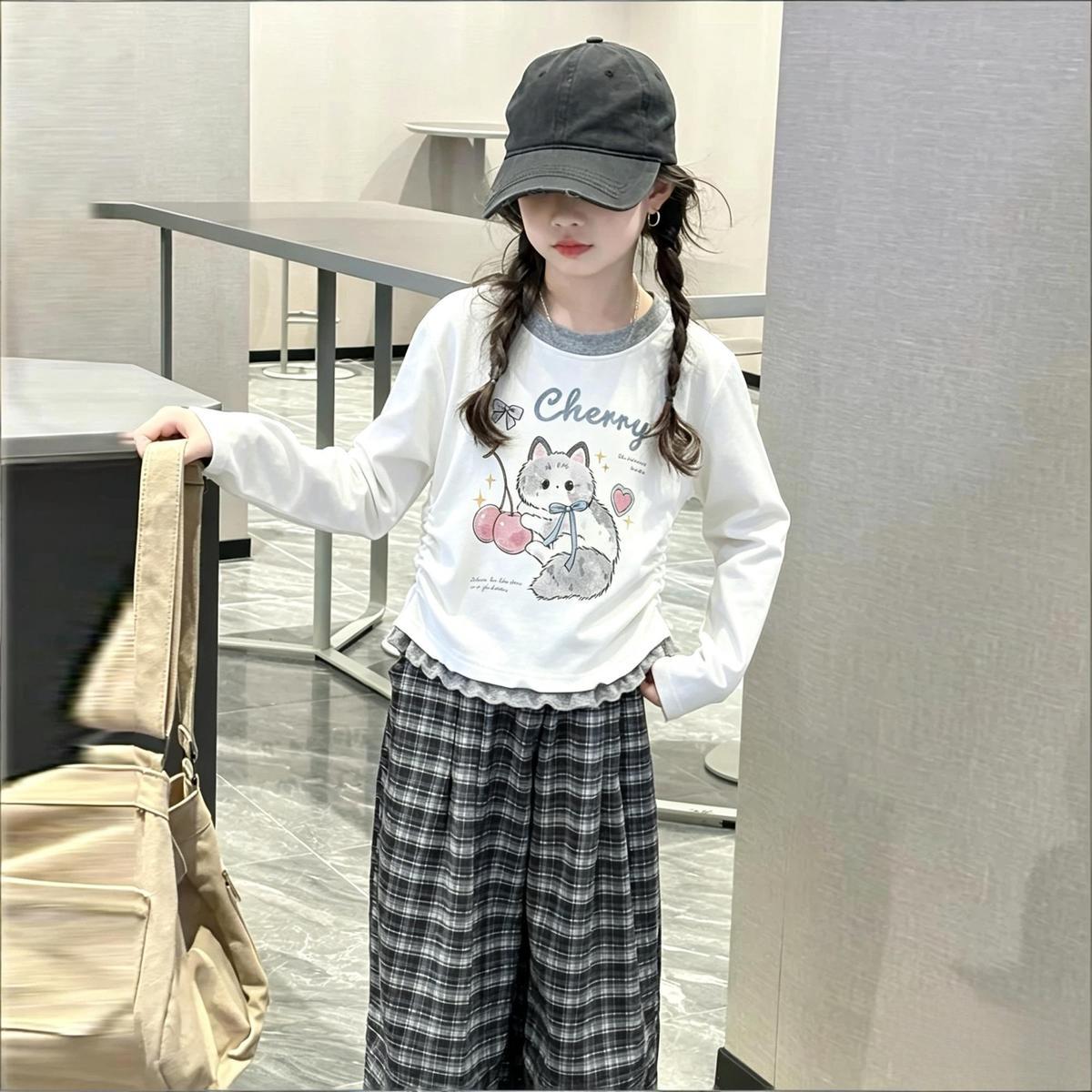 春秋女童长袖假两件显瘦打底T恤