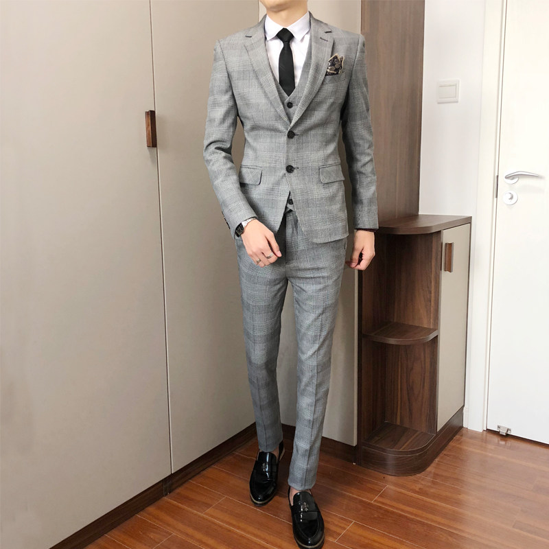 英伦千鸟格西装套装男士修身新郎结婚礼服韩版休闲格子西服职业装
