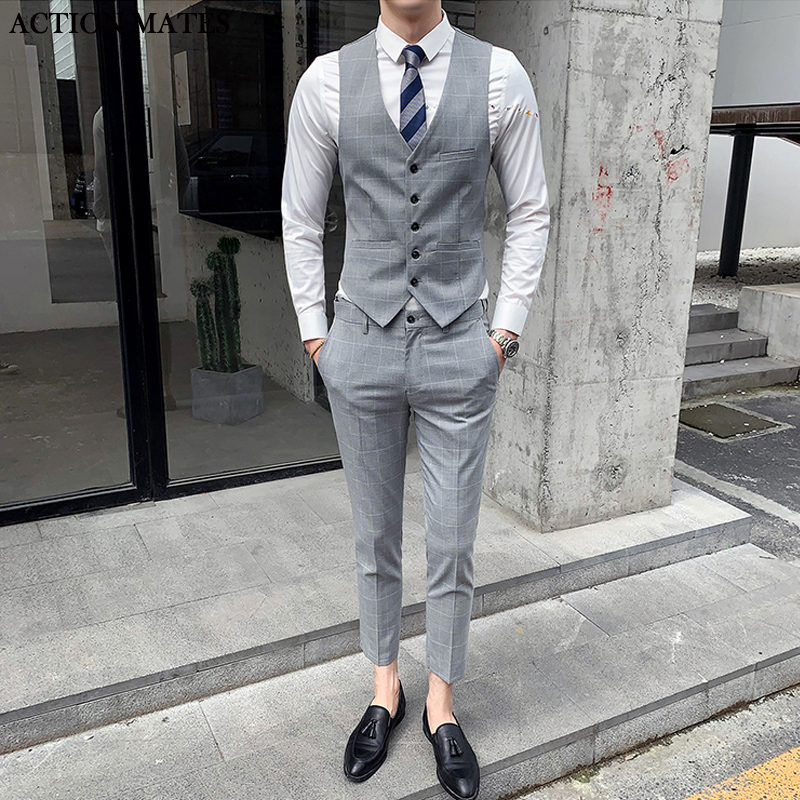 韩版修身马甲裤子套装男士英伦马夹九分裤发型师两件套薄款伴郎服