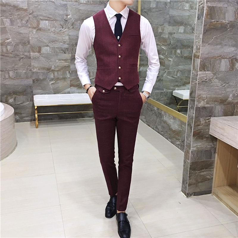 韩版修身休闲格子马甲套装男士西服马夹结婚礼服商务职业潮发型师