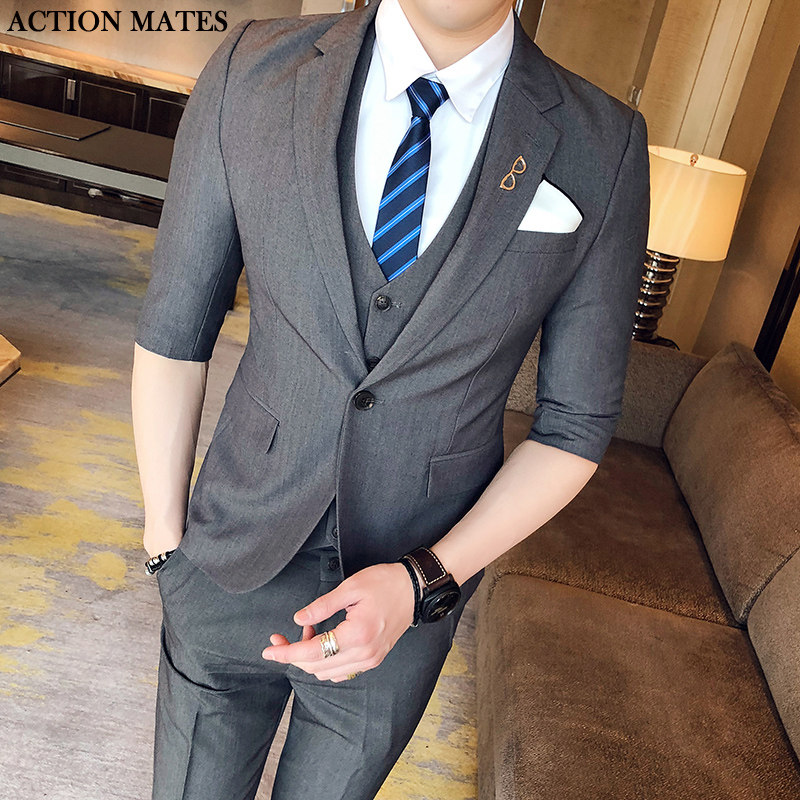 夏季薄款中袖西服套装男士修身七分袖小西装三件套结婚礼服发型师