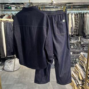 直播高定秋季牛仔套装衬衫男士新款长袖宽松休闲衬衣牛长裤两件套