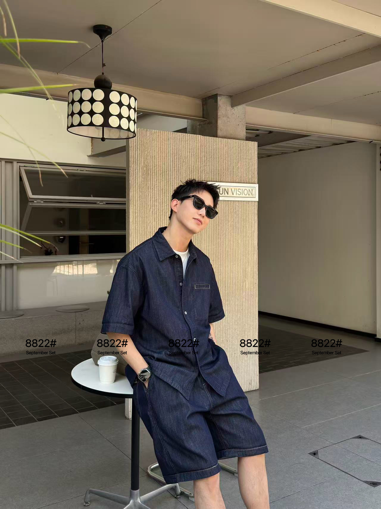 实体时尚潮流夏季新款牛仔套装男休闲百搭短袖衬衫短裤宽松两件套