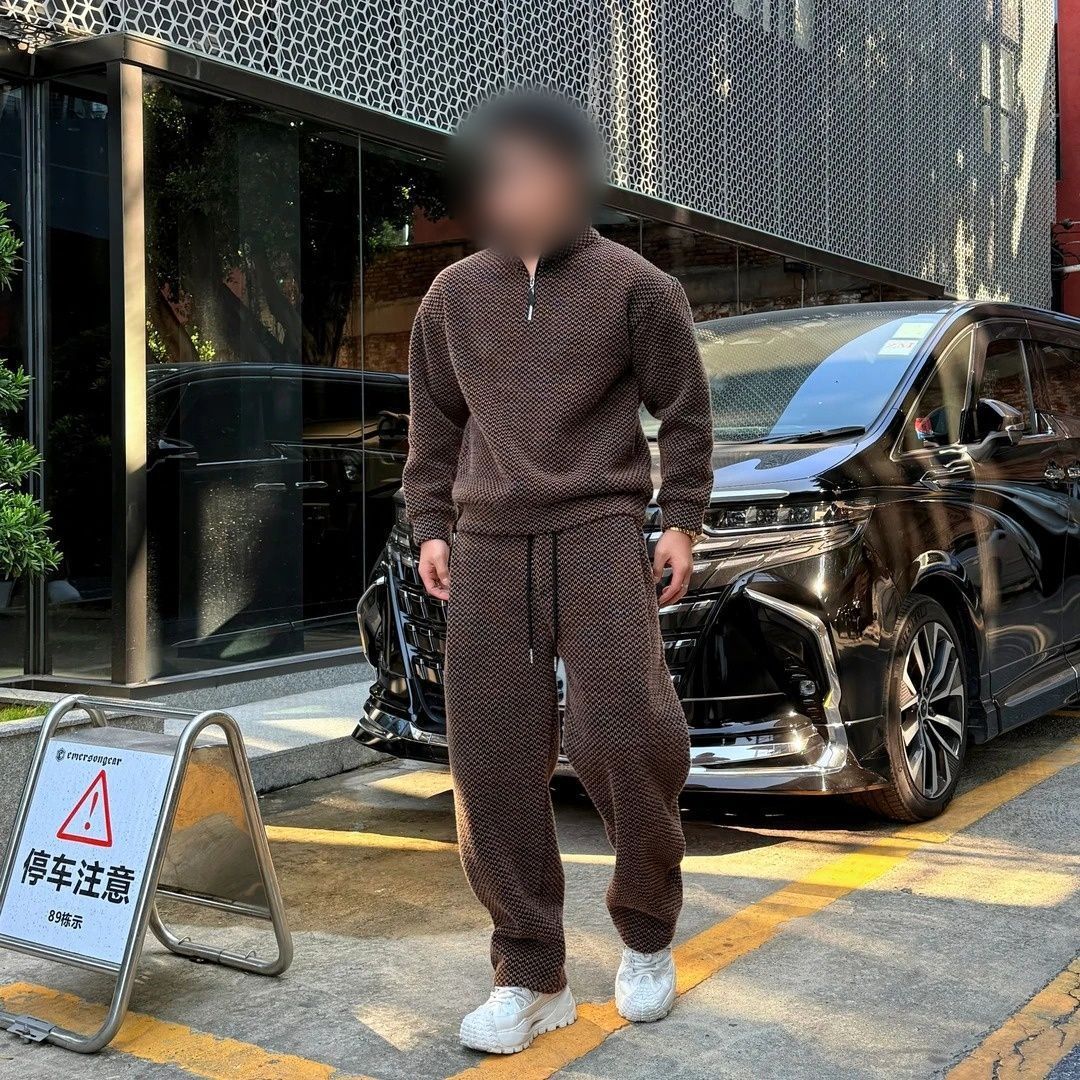 冬季老钱风保暖时尚休闲设计感舒适个性日常简约加绒休闲套装男士