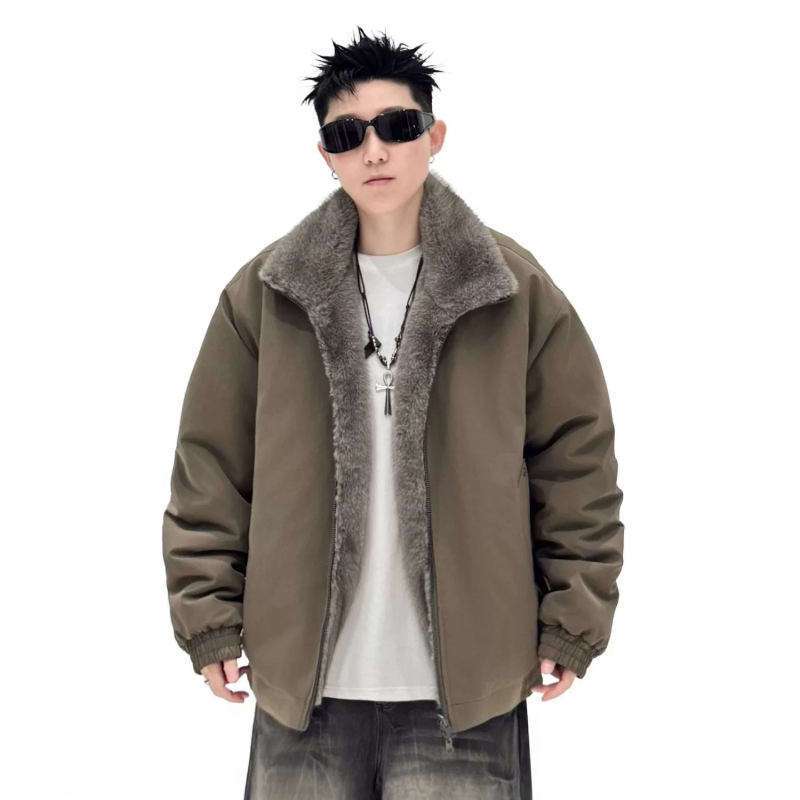 双面穿美式毛领座山雕棉服男款秋冬季保暖加绒棉衣仿兔毛加厚外套