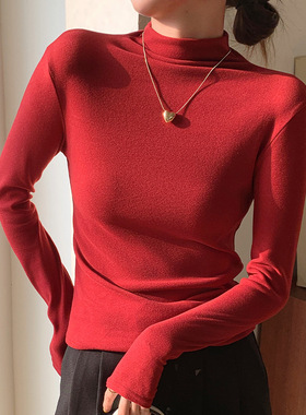 H679安可拉红色打底衫新款半高领修身上衣内搭纯色秋冬保暖上衣