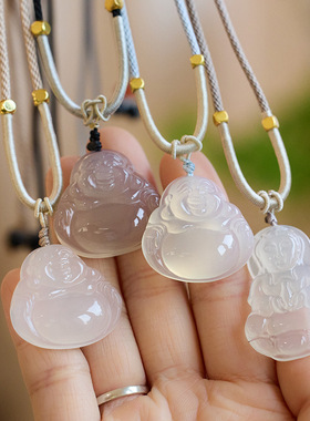 天然冰种玉髓玛瑙项链白玉髓平安扣弥勒佛莲花吊坠毛衣链挂件批发