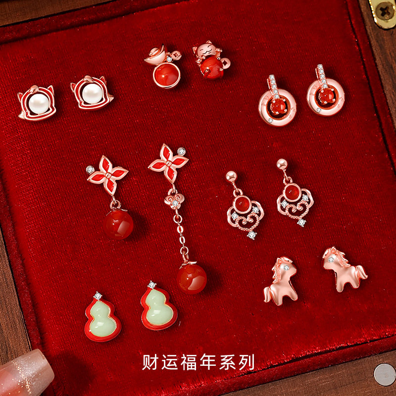 原创新年一周耳钉女999纯银马年招财进宝耳环生肖萌马本命年耳饰