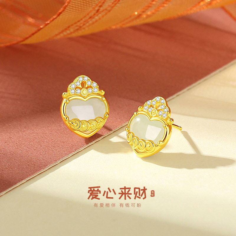 原创925纯银爱心来财耳钉女新中式祥云钱币中国风耳环送女友礼物