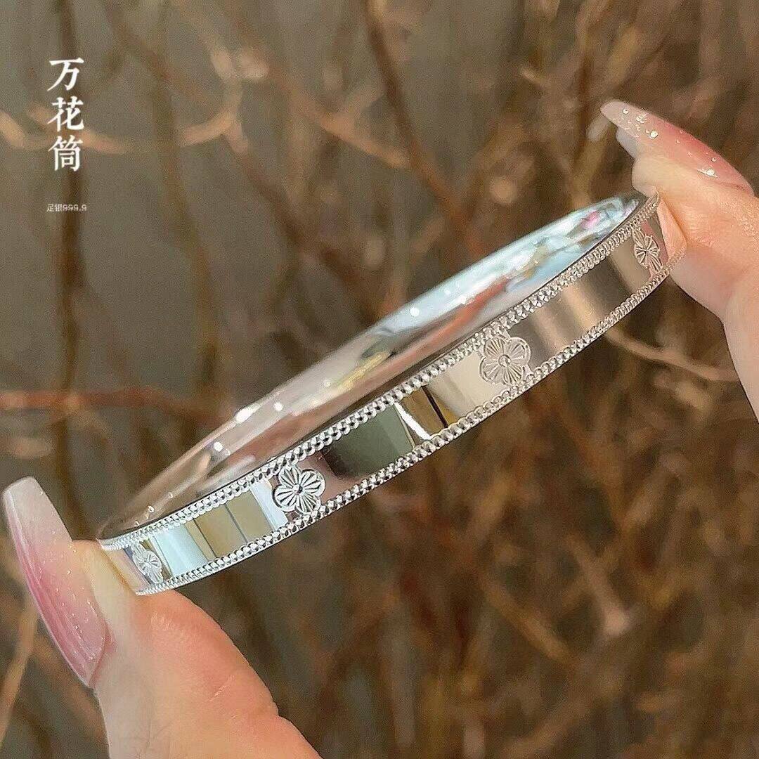 足银9999纯银手镯女万花筒四叶草闭口实心银镯子送女朋友七夕礼物