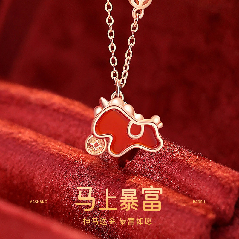 原创马上暴富钱币萌马项链纯银新中式马年本命年红玛瑙独角兽吊坠