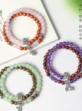 马年本命年天然檀木紫水晶串珠双圈手链女文艺复古白水晶手串批发