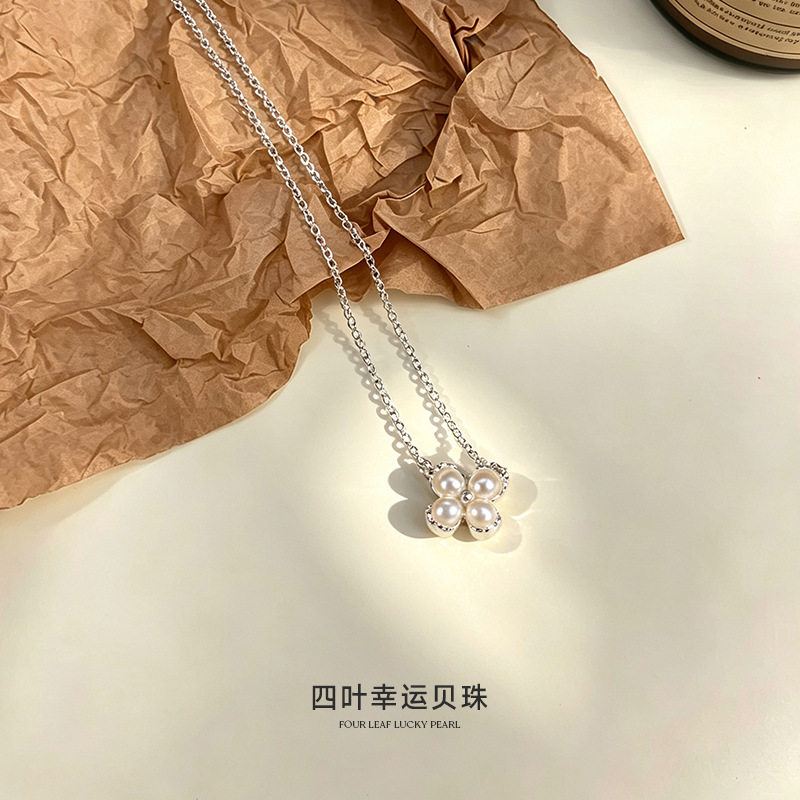 S925纯银四叶贝珠项链女轻奢日系复古高级感小红书爆款锁骨链批发