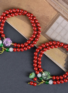 朱砂双圈手链6mm佛珠手串女款多圈念珠手饰珠串本命年红色圆珠